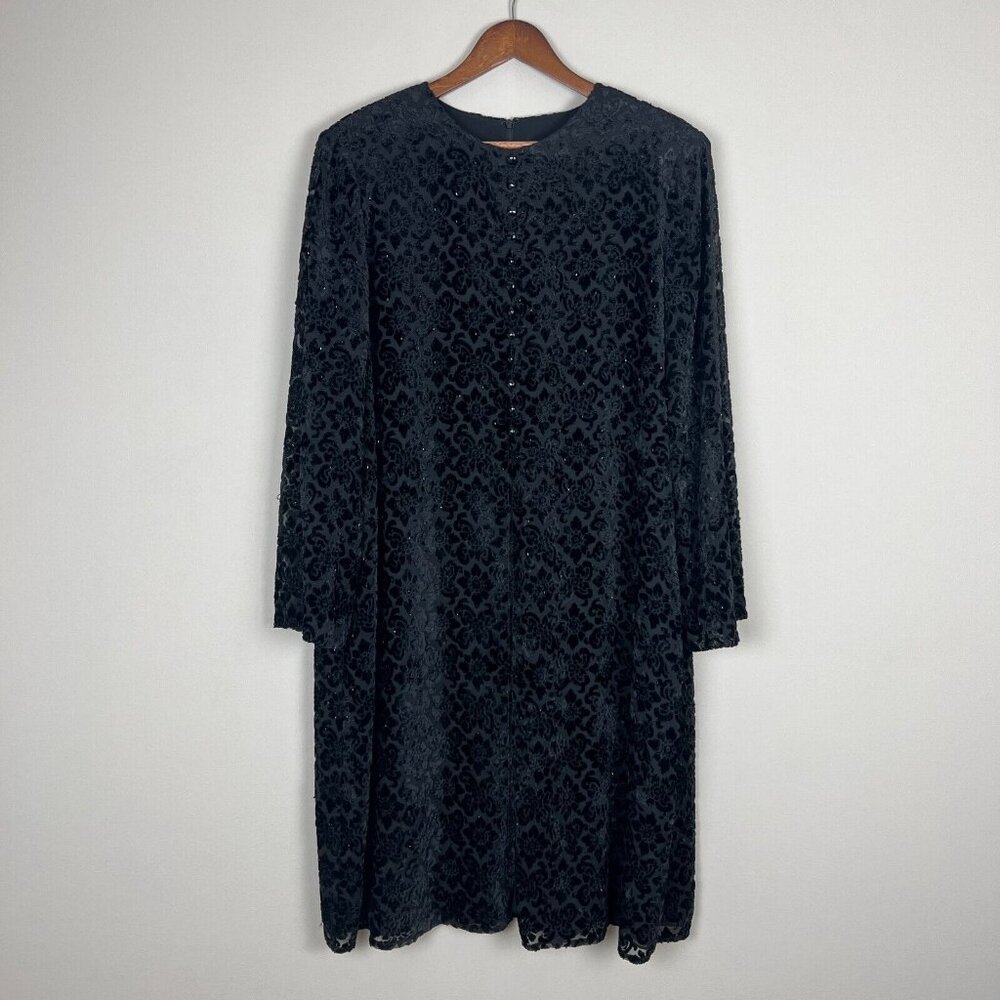 Badgley Mischka Dress 16 Black Velvet Burnout Beaded Floral Long Sleeve Tunic‎